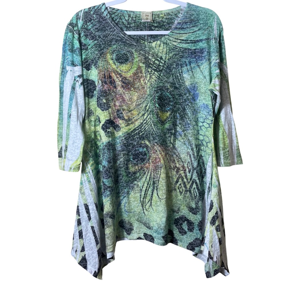 Jess & Jane Peacock  Rhinestone Sharkbite Tunic Top Green Large L Boho Art